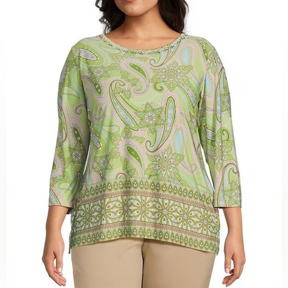Allison Daley Embellished Paisley Border Print 3/4 Sleeve Crew Neck Knit Top 2X - Picture 1 of 4